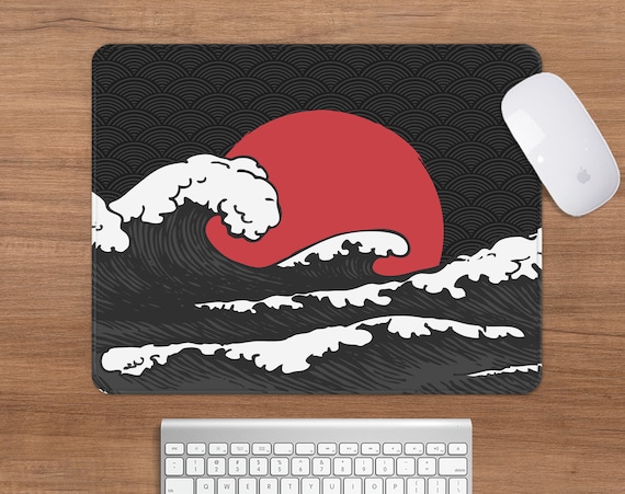 Japanese Desk Mat Great Wave Mousepad Black Red and White, Sea Sun