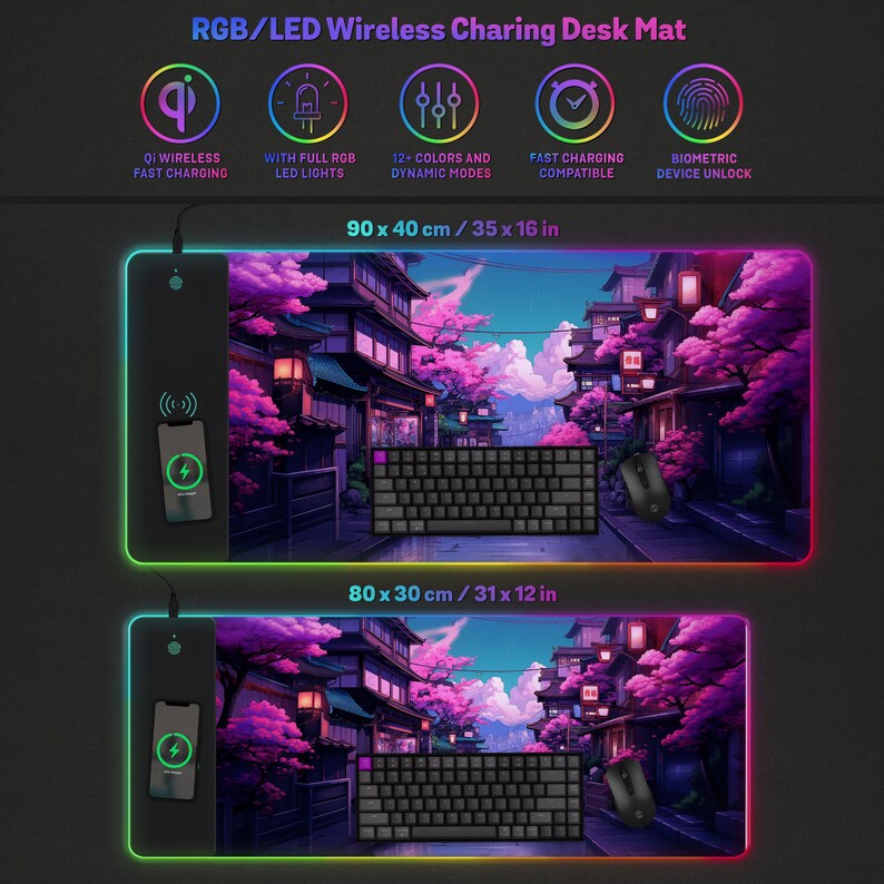 May include: Black desk mats with a colourful LED edge and a Japanese-style landscape design. The mats, measuring 90 x 40 cm and 80 x 30 cm, feature wireless charging and are compatible with fast charging. The image text says "RGB/LED Wireless Charging Desk Mat".