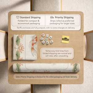 May include: A desk mat and matching accessories featuring a koi fish and lotus flower design. The mat is shown folded and rolled, with text about shipping options. A few mahjong tiles are also present.