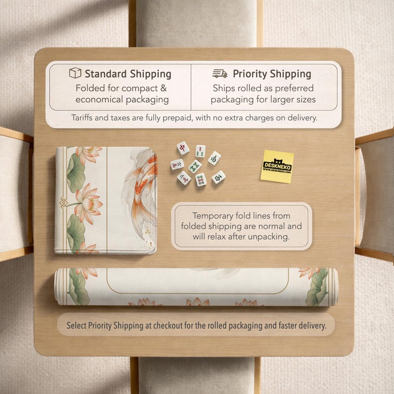 May include: A desk mat and matching accessories featuring a koi fish and lotus flower design. The mat is shown folded and rolled, with text about shipping options. A few mahjong tiles are also present.