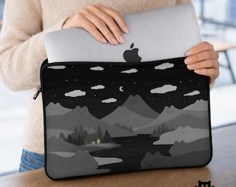 Funda para portátil con diseño de gatos: funda negra para portátil, bonita bolsa de viaje con asa para Macbook Pro con estética de paisaje montañoso y funda acolchada.