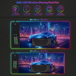 May include: RGB LED wireless charging desk mat with a cityscape design and a blue sports car. The mat is 35 x 16 inches and has features like fast charging and dynamic modes. A keyboard and mouse are shown on the mat.