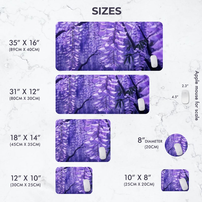 May include: Mouse pads in various sizes, featuring a purple wisteria flower design. Sizes include 35" x 16", 31" x 12", 18" x 14", 12" x 10", 10" x 8", and an 8" diameter circle. An Apple mouse is shown for scale.