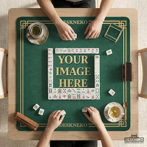 May include: A top-down view of a mahjong game in progress. The green playing surface features gold trim and the text "YOUR IMAGE HERE." The game includes tiles, tea cups, and a wooden tile holder. The brand name "DESKNEKO" is visible.