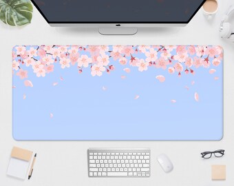 Kirschblüten-Schreibtischunterlage, niedliches rosa-blaues Mauspad mit Sakura-Blüten, Kawaii-Schreibtischunterlage im japanischen Frühlings-Hanami-Stil aus Kyoto, XXL-Kawaii-Pastell-Gaming-Mauspad