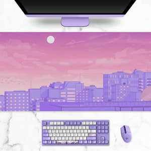 Anime aesthetic mousepad | Extra large gaming mouse pad | Pastel manga kawaii pink lilac aesthetics landscape xl mousemat