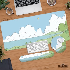 Kawaii Desk Mat xl, Light Blue Deskmat xxl, Cute landscape mousepad, Anime aesthetic, keyboard wrist rest, large extended gaming mousepad xl