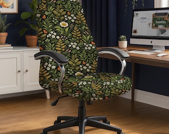 Pokrowiec na krzesło biurowe, elastyczny pokrowiec na krzesło biurowe, nadruk z motywem botanicznym i kwiatowym, zmywalny pokrowiec na krzesło komputerowe, dekoracja miejsca pracy