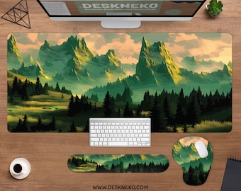 May include: Aesthetic desk mat and mouse pad set featuring a landscape design with green mountains and a forest. The set includes a long desk mat, a wrist rest, and a mouse pad. The website address is visible at the bottom.