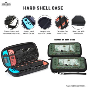 May include: Black hard shell case for a gaming console, with a design printed on both sides. Features include a zip closure, hand strap, rubber band fixture, honeycomb mesh for cables, and a cartridge flap with 10 slots. The interior is soft.