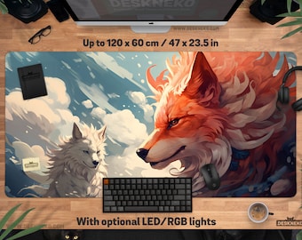 May include: A large desk mat featuring a vibrant illustration of a red fox and a white wolf against a cloudy sky. The mat measures up to 47 x 23.5 inches. Includes the text "Up to 47 x 23.5 in" and "With optional LED/RGB lights".