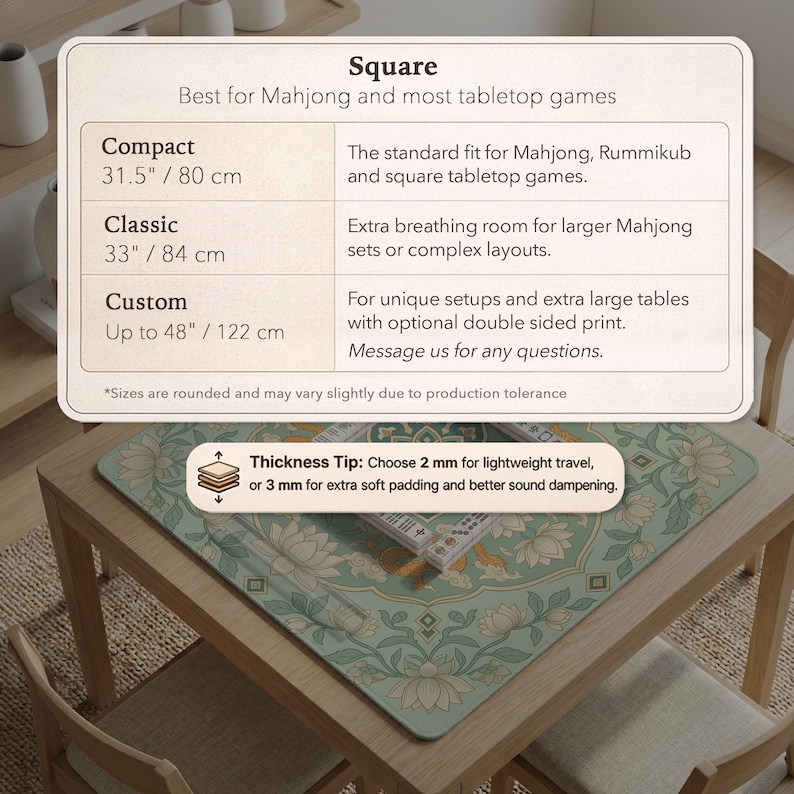 May include: A square tabletop game mat with a floral design in shades of green and cream, resting on a wooden table. The mat is available in various sizes, from 31.5 inches to 48 inches, suitable for Mahjong and other tabletop games.