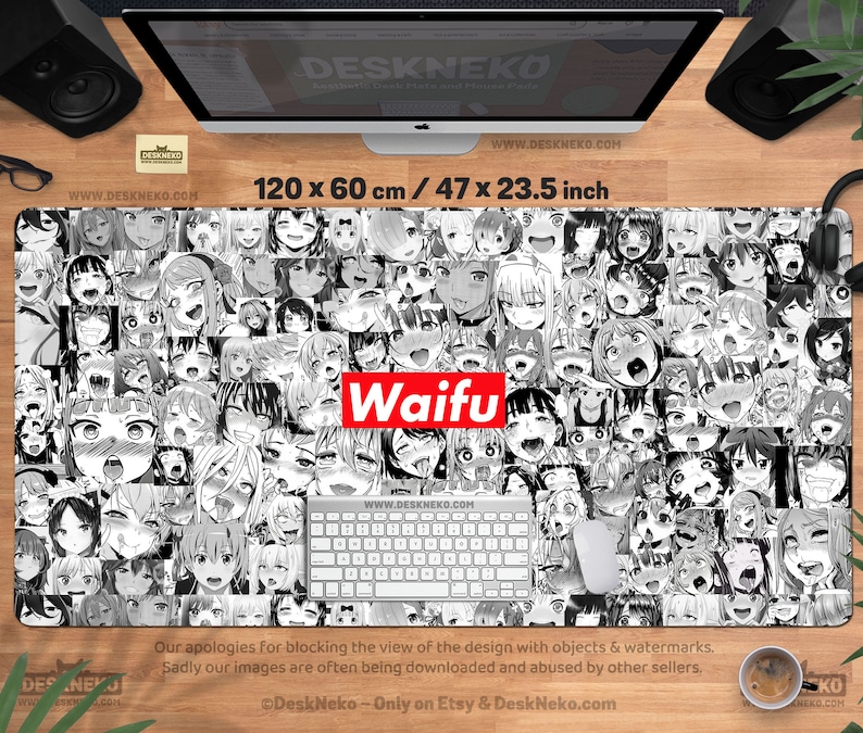 May include: A large rectangular desk mat featuring a collage of anime-style faces in black and white. The word "Waifu" is printed in red and white. The mat measures 47 x 23.5 inches.