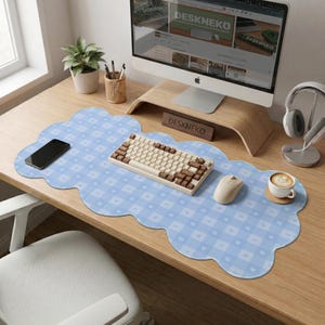 Baby Blue Desk Mat, Cloud Shape Gingham Mousepad, Scalloped Desk Pad, XL XXL Extended Extra Large Keyboard Mouse Mat Cute Cottagecore