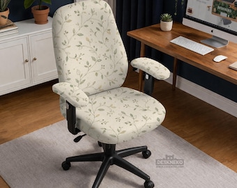 Sage Botanical Office Chair Cover, Stretch Desk Chair Slipcover With Armrest Covers