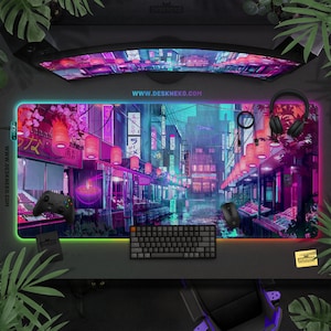 Led Desk Mat Purple, rgb Mouse Pad Gaming, Japanese Mousepad Keyboard matt, Vaporwave Cyberpunk Anime Aesthetic, Extended Deskmat for gamers