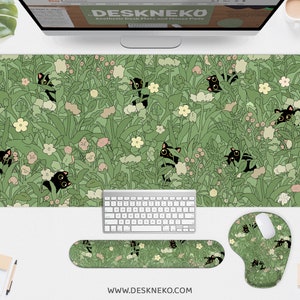 Cute cats Desk Mat green, Kawaii plants Mouse Pad large, Black peeking kittens flowers grass sage, wrist rest xxl xl gaming deskmat mousepad