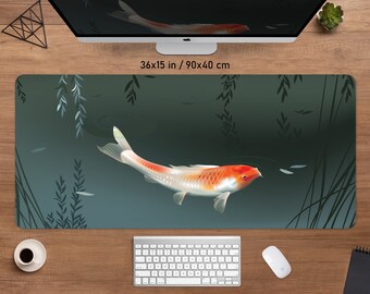 Koi Fish Desk Mat Japanese Mousepad, Japan water pond gold fish river green nature, XXL gaming keyboard deskmat large big, small mousepad