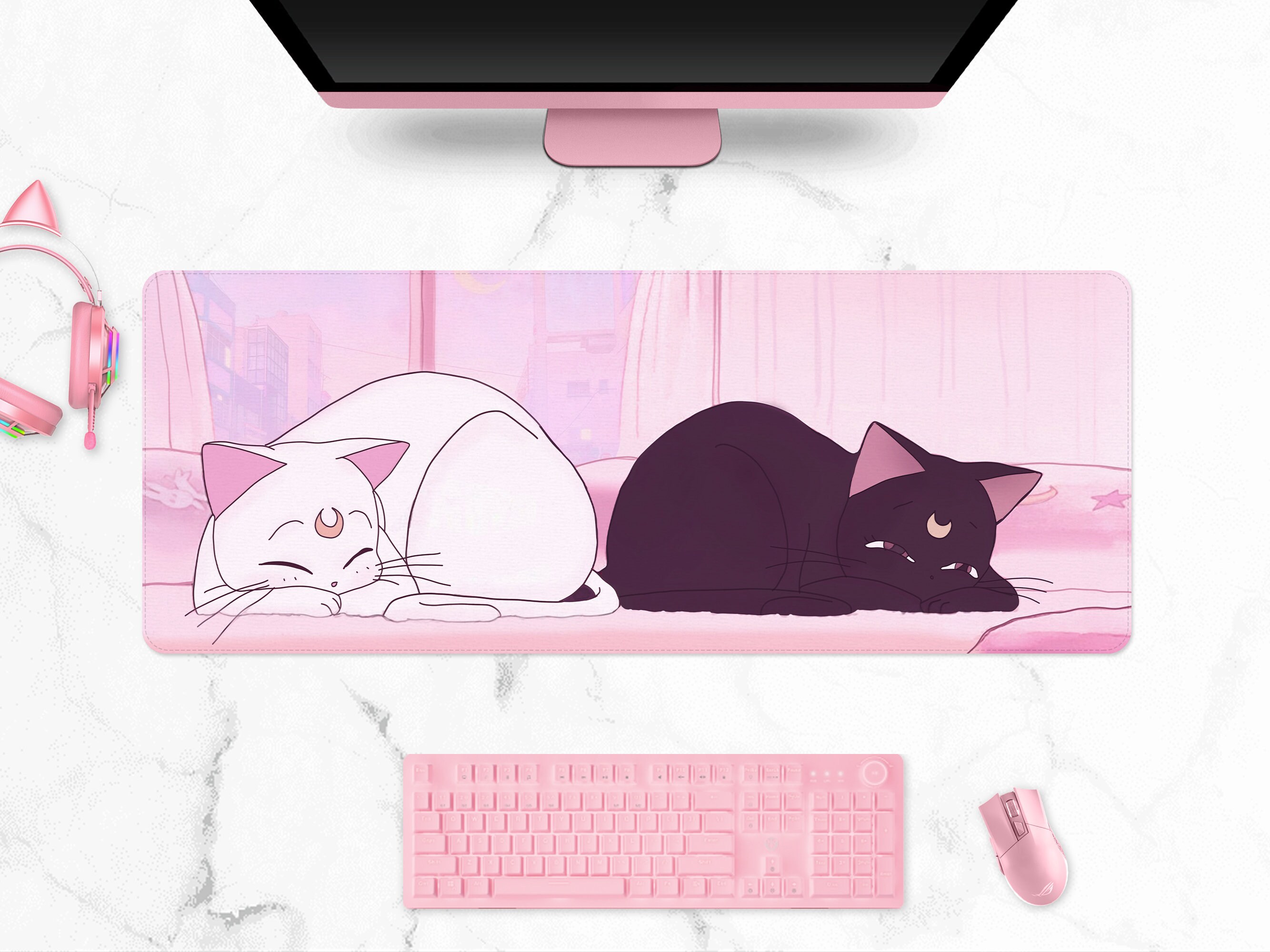 Rainbow RGB Luna and Artemis XXL Anime Desk Mat, LED Retro Japanese 90s  Gaming Mousepad Wrist Rest, Pastel Pink Desk Accessories 
