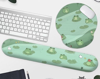 Alfombrilla de ratón Kawaii con reposamuñecas, bonita alfombrilla ergonómica verde, personajes de rana pequeña kawaii, alfombrilla de teclado, alfombrilla de escritorio para juegos, regalo para mujeres