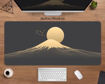 Black and Gold desk mat, Japanese mousepad, xxl gaming deskmat RGB LED, Minimal Mt. Fuji japan mouse pad xl, Small mousepad with wrist rest