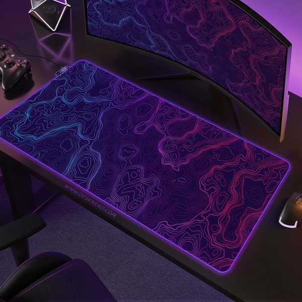 Topo Schreibtischunterlage lila, RGB Schreibtischunterlage groß xl, Gaming Mousepad xxl, Topografische Konturen, weiche Ergonomische Tastatur Schreibtischunterlage, LED-Mauspad Geschenk