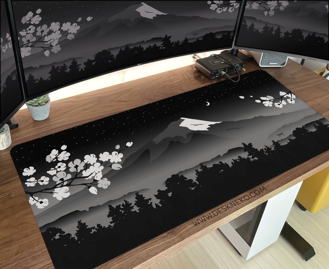 Japanese Desk Mat Black and White Forest, Mt Fuji Mountain Mousepad