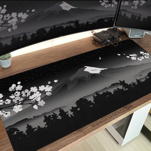 Japanese Desk Mat Black and white forest, Mt Fuji Mountain Mousepad Large, Grey Gaming Deskmat RGB LED, XXL extended mouse pad/playmat xl