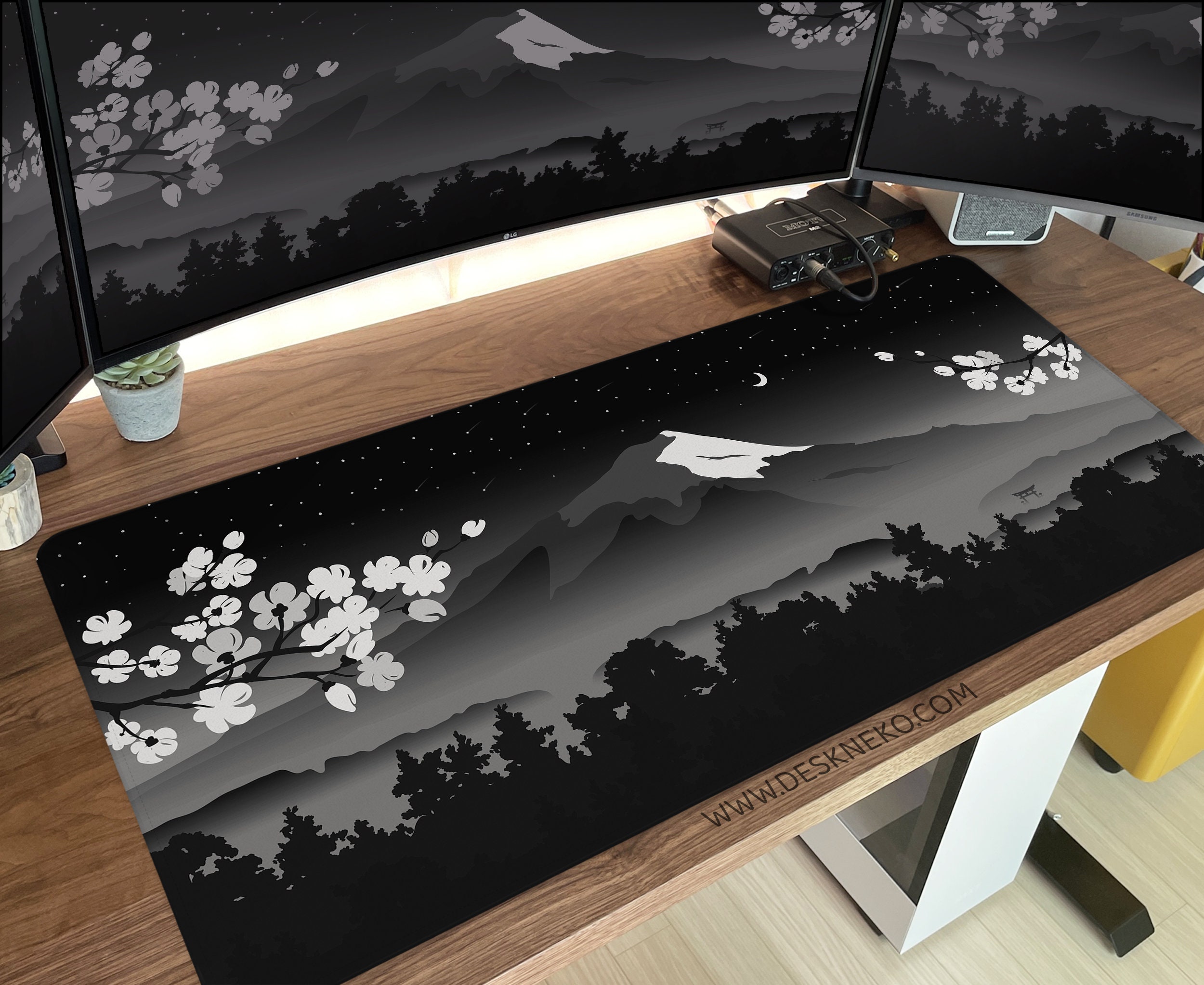 Japanese Desk Mat Black and White Forest, Mt Fuji Mountain
