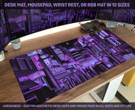 Purple Desk Mat Mouse Pad, Anime Deskmat gaming, large mousepad xxl, keyboard mat rgb led, Japanese vaporwave cyberpunk neon Tokyo city