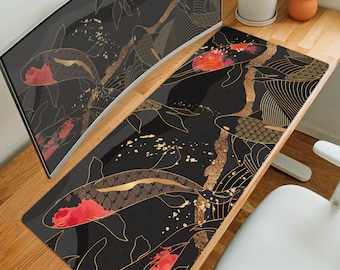 Koi Desk Mat Japanese, Large Mousepad abstract gold black red, Gaming Deskmat xxl, Soft keyboard wrist rest, XL long deskpad mouse pad