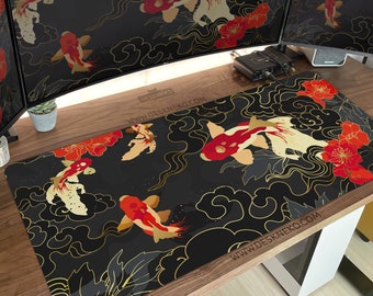 Japanese Desk Mat Koi, Large Mousepad, Black gold abstract oriental art, Extended keyboard matt, Led mouse pad XL, XXL gaming deskmat gift