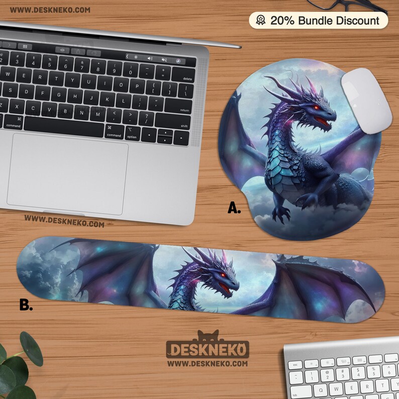 May include: A computer mouse pad and wrist rest featuring a fantasy dragon design. The dragon is depicted with purple, blue, and red hues against a cloudy sky background. The mouse pad is round, and the wrist rest is rectangular.
