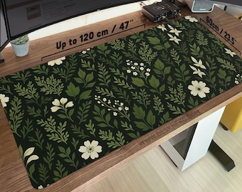 Green Plants Desk Mat & White Flowers nature Deskmat, minimalist Cottagecore Aesthetic Mousepad, Cute Floral design, Gaming Mouse Pad