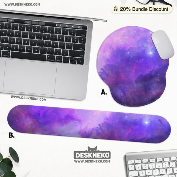 Purple Space Mouse pad, Ergonomic Mousepad with wrist rest, Pastel Watercolor Clouds, Sky Milkyway keyboard support, Galaxy Nebula Stars