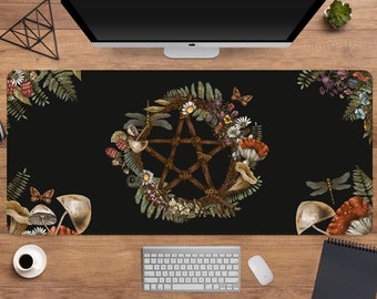 Boho Witch desk mat pentagram, forest Witch mousepad xxl, cute Magic mushroom hunter, wicca pagan nature deskmat, xl mystical mouse pad
