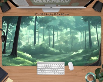 Forest Desk Mat anime, Nature Deskmat green, Aesthetic mousepad Cute studio art, XXL gaming mouse pad rgb led, XL mouse pad extended deskpad