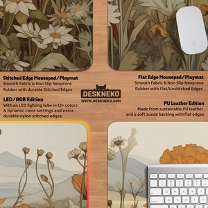 May include: An image displaying various mousepads and playmats with floral patterns. The image highlights different editions, including stitched and flat edge designs, and LED/RGB and PU leather options. The text "DESKNEKO" and "www.DESKNEKO.com" are visible.