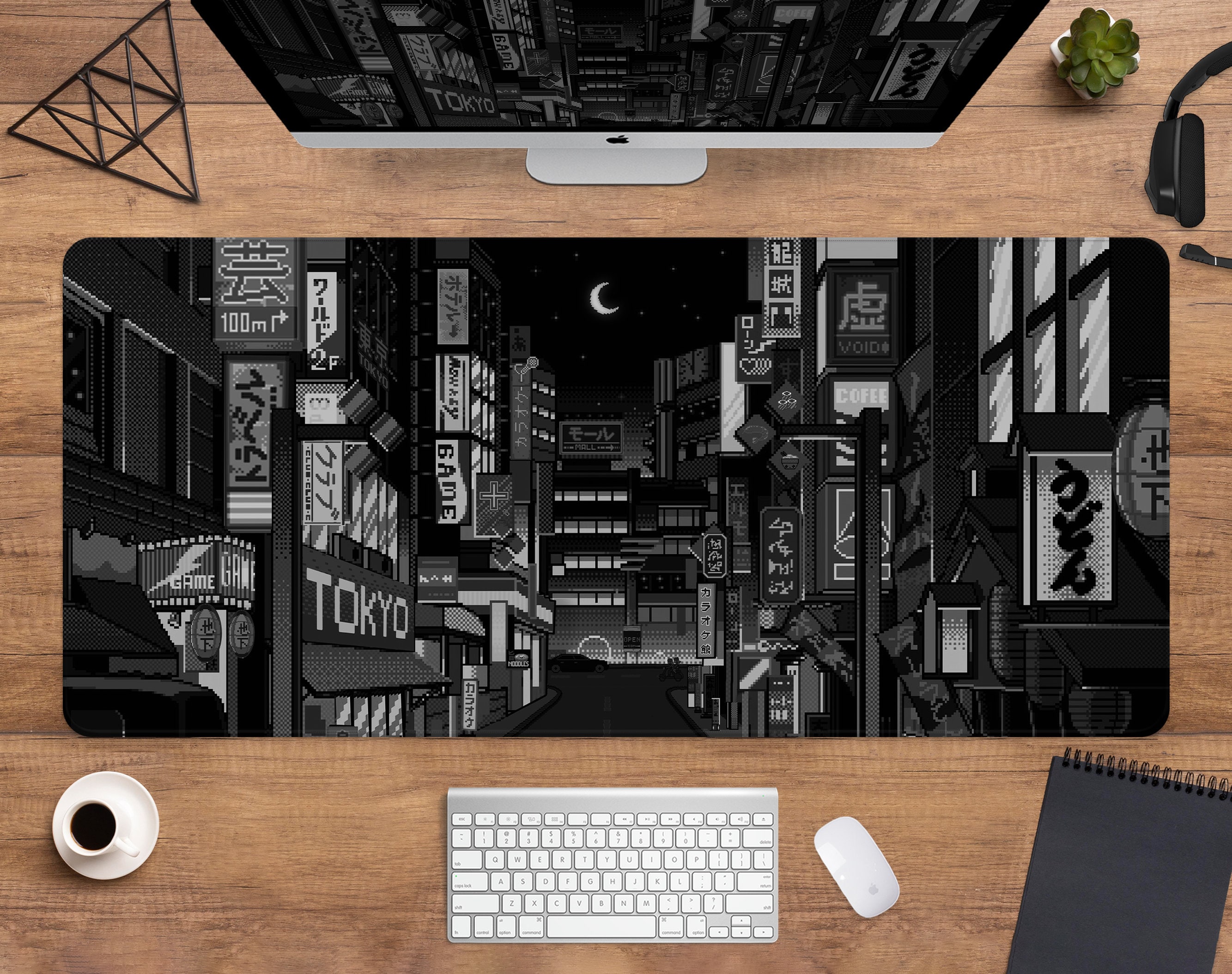 Black & White Desk Mat, Japanese Neon Street Deskmat