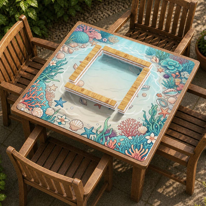 May include: A square wooden table with a marine-themed design, surrounded by four wooden chairs. The table features a colorful illustration of an underwater scene with coral, seashells, and a pool-like structure. The chairs are made of dark wood.