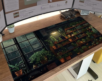 Op de afbeelding: Een rechthoekige DeskNeko bureaumat met een gedetailleerde illustratie van een kamer met een raam, planten en een zwarte kat. De mat heeft een donker kleurenschema met een gezellige, indoor esthetiek. De tekst "DESKNEKO" is zichtbaar.