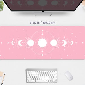Celestial Desk Mat Pink Mousepad Cute, Pastel Moon phases zodiac stars white witch, small mouse pad xxl large big wide Gaming Deskmat RGB