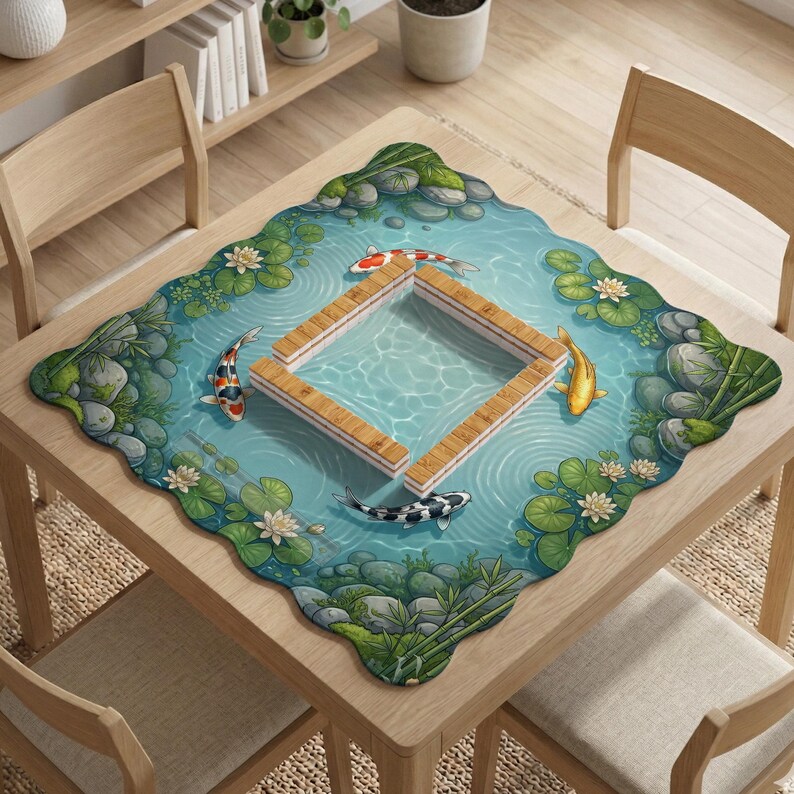 May include: A square table mat featuring a pond scene with blue water, koi fish in orange, white, and black, green lily pads, white water lilies, and grey stones. A wooden frame structure sits in the center of the mat on the table surface.