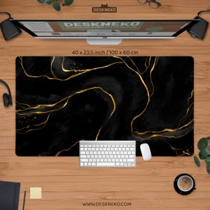 Black Gold Desk Mat, Marble art Deskmat xl, Japanese Kintsugi abstract, Rgb gaming mouse pad led, Large mousepad extended desk pad protector