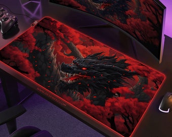 Gaming Mouse Pad Led, Red Dragon Deskmat xl, Dark Magic Aesthetic, Extended Keyboard Mouse pad, RGB wireless charging mousepad, Japanese art