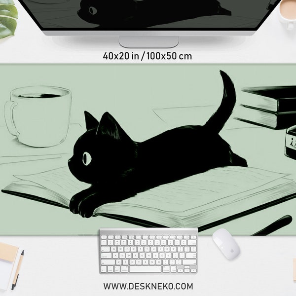 Cute cat desk mat green mousepad, Kawaii anime aesthetic mouse pad, XXL gaming deskmat RGB LED, Pastel sage manga art, Matt with wrist rest