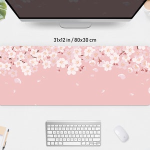 Cherry Blossom Desk Mat pink, Sakura Mousepad flower, pastel peach lofi anime aesthetic, kawaii gaming keyboard mouse pad xxl deskmat kawai 12" x 31" (30x80cm) inches