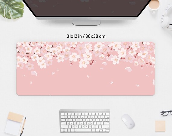 Cherry Blossom Desk Mat Pink, Sakura Mousepad Flower, Pastel Peach