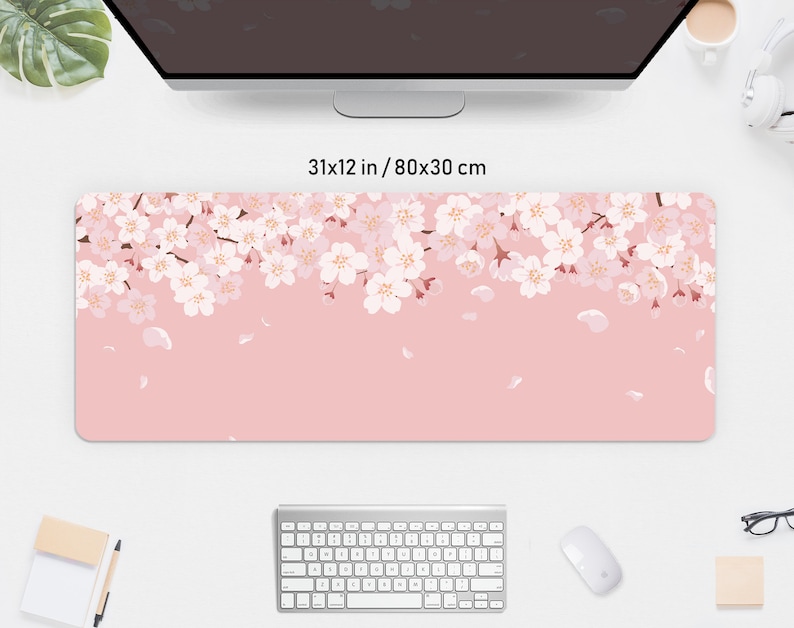 Cherry Blossom Desk Mat pink, Sakura Mousepad flower, pastel peach lofi anime aesthetic, kawaii gaming keyboard mouse pad xxl deskmat kawai 12" x 31" (30x80cm) inches