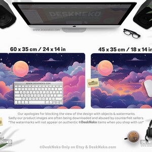 May include: Two rectangular desk mats with a dreamy night sky design. One mat is 24 x 14 inches, the other is 18 x 14 inches. Each features a large, peach-colored moon, clouds in shades of pink, purple, and blue, and a starry sky. A keyboard and mouse are on the mats.